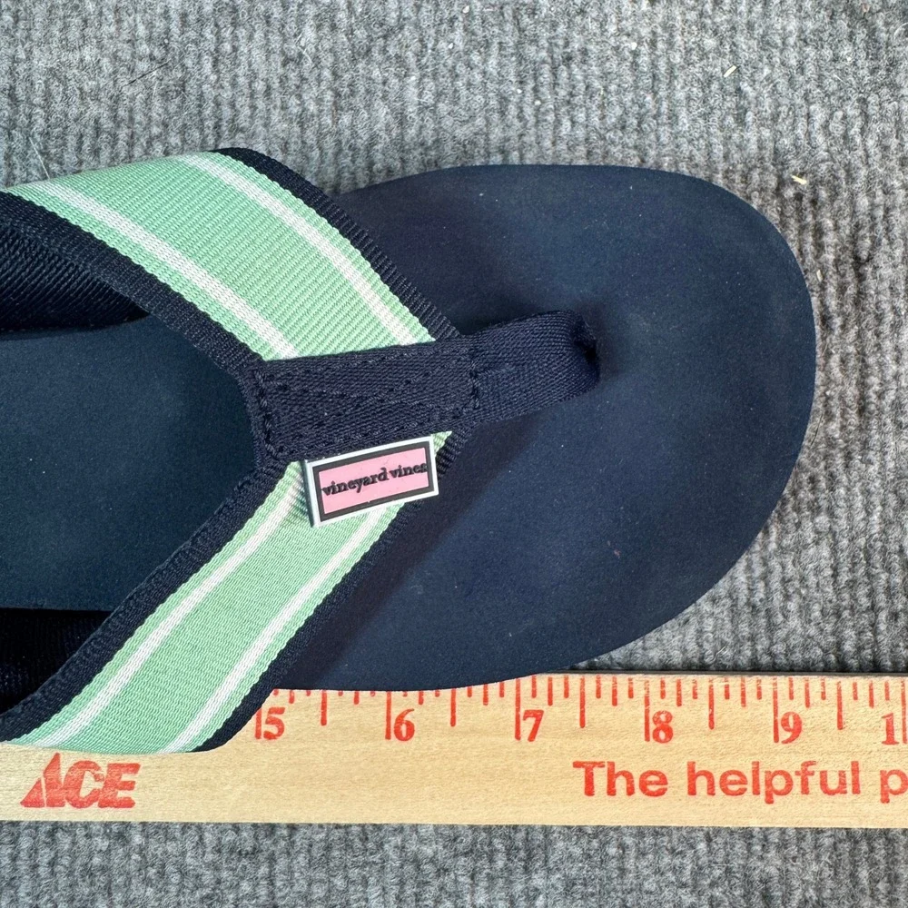 Vineyard Vines Navy Blue Green Striped Ribbon Flip Flop Sandals Kids Size 4